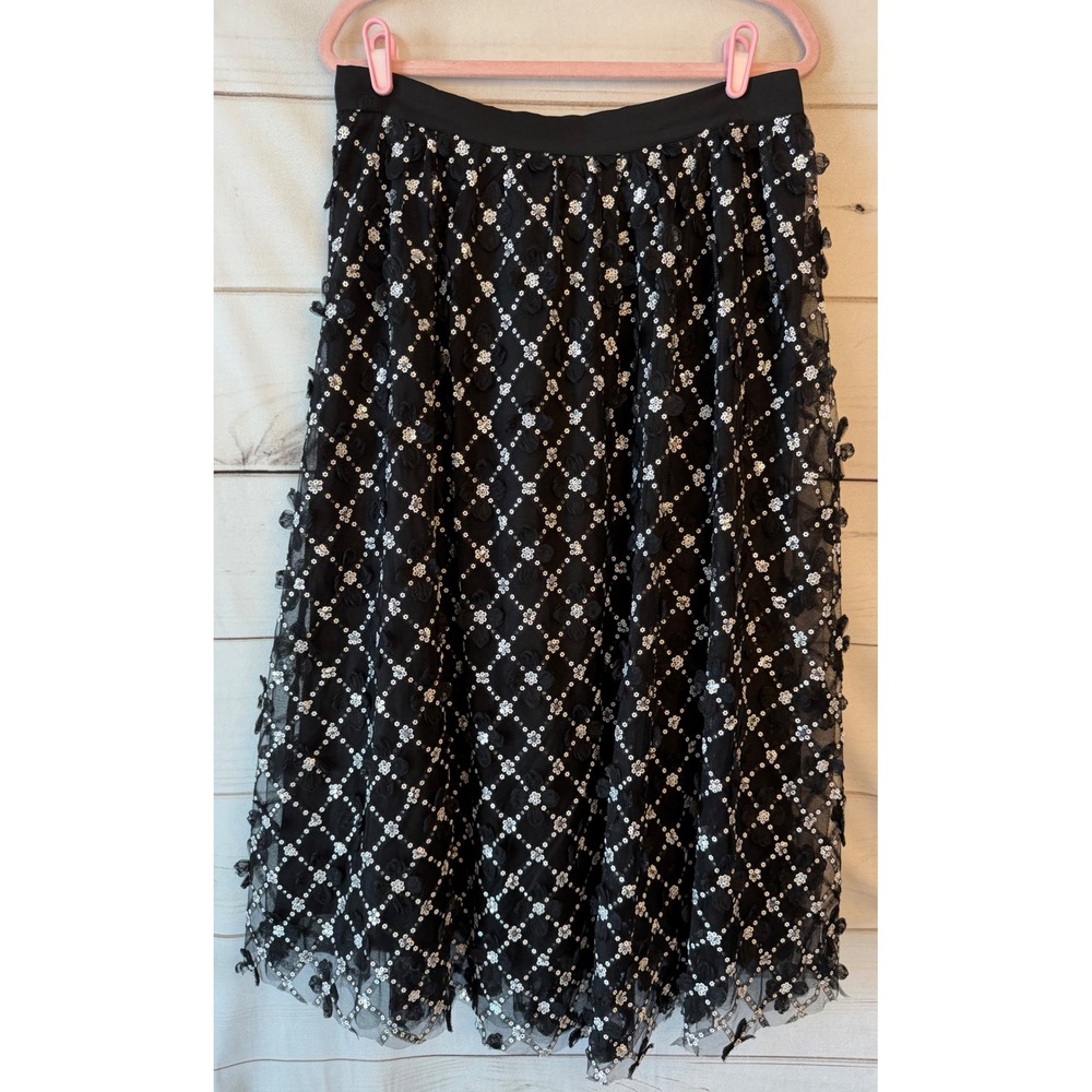Abbey Glass Black Floral 3D Applique Sequin Mesh Midi Skirt Large NWT